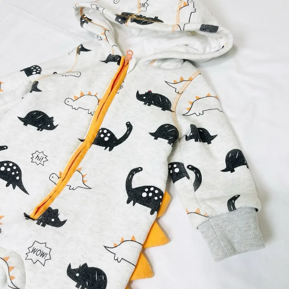 Baby Boy Dinosaur Pattern Long Sleeve Hooded Zipped Romper Winter Jumpsuit 6-12m